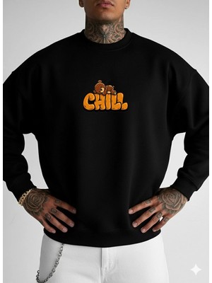 Lorvex Oversize Unisex Bisiklet Yaka Sweatshirt Chıll Bear Baskı