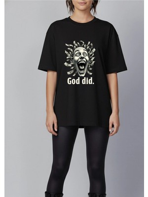 Lorvex Kadın Siyah Parlak Tayt-Oversize God Did Baskı T-Shirt Takım