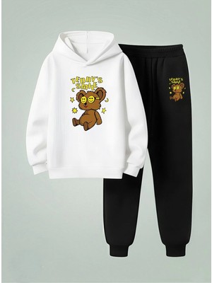 Lorvex Çocuk Kapüşonlu Takım Teddy Smıle Baskılı 3 Iplik Şardonlu Sweatshirt-Eşofman Takım