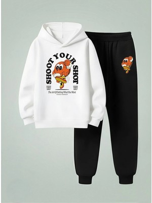 Lorvex Çocuk Kapüşonlu Takım Shoot Your Baskılı 3 Iplik Şardonlu Sweatshirt-Eşofman Takım