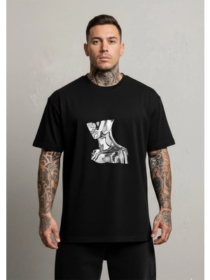 Lorvex Metalik Baskılı Oversize Pamuklu Siyah Erkek Tshirt-Tişört