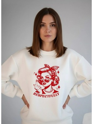 Lorvex Respectfully Baskı Oversize Pamuklu Beyaz Kadın Sweatshirt
