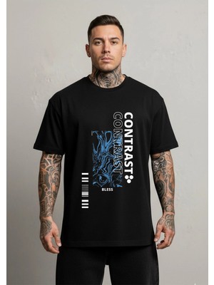 Lorvex Contrast Yazı Baskılı Oversize Pamuklu Siyah Erkek Tshirt-Tişört