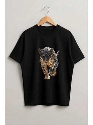 Lorvex Altın Jaguar Baskılı Oversize Unisex Pamuklu Tshirt-Tişört