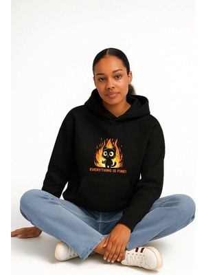 Lorvex Oversize Everything Is Fine Baskı Unisex Kapüşonlu Sweatshirt