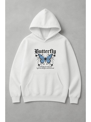 Lorvex Oversize Mavi Kelebek Baskı Unisex Kapüşonlu Sweatshirt