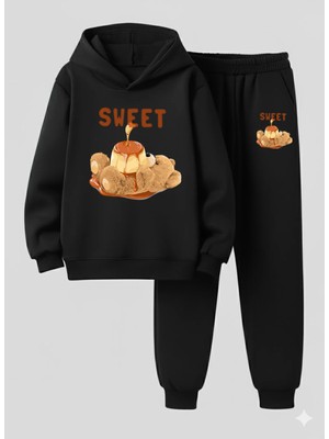 Lorvex Çocuk Kapüşonlu Sweet Baskılı 3 Iplik Şardonlu Sweatshirt Eşofman Takım Kalın Kışlık Spor Kombin