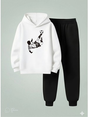 Lorvex Çocuk Kapüşonlu Futbolcu Baskılı 3 Iplik Şardonlu Sweatshirt Eşofman Takım Kalın Kışlık Spor Kombin
