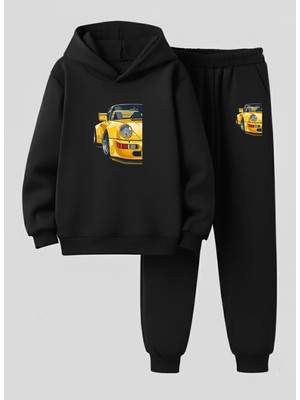 Lorvex Çocuk Kapüşonlu Sweatshirt-Eşofman Takım Sarı Araba Baskılı 3 Iplik Şardonlu
