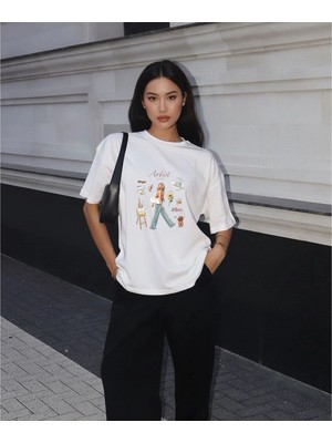 Lorvex Artist Baskılı Oversize Pamuklu Kadın Tshirt-Tişört