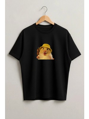 Lorvex Sevimli Hamster Baskılı Oversize Unisex Pamuklu Siyah Tshirt-Tişört