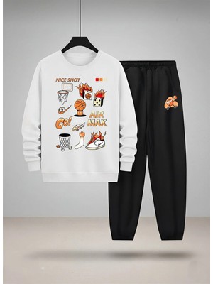 Lorvex Erkek Çocuk Sweatshirt-Eşofman Takım Bisiklet Yaka Basket Sticker Baskılı 3 Iplik Şardonlu