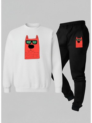 Lorvex Unısex Sweatshirt-Eşofman Çocuk Takım Bisiklet Yaka Turuncu Köpek Baskılı 3 Iplik Şardonlu