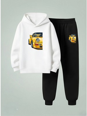 Lorvex Çocuk Kapüşonlu Sweatshirt-Eşofman Takım Sarı Araba Baskılı 3 Iplik Şardonlu