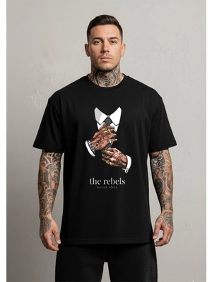 Lorvex The Rebels Never Obey Yazı Baskılı Oversize Unisex Pamuklu Tshirt-Tişört