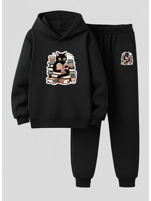 Lorvex Unısex Çocuk Sweatshirt-Eşofman Takım (Kapüşonlu) Kitap Okuyan Kedi Baskılı 3 Iplik Şardonlu