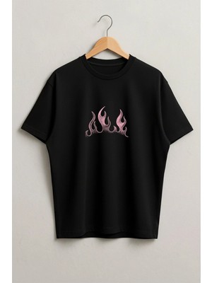 Lorvex Kırmızı Alev Baskılı Oversize Unisex %100 Pamuklu Tshirt-Tişört
