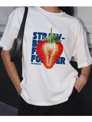 Lorvex Strawberry Fields Forever Baskılı Oversize Kadın Pamuklu Tshirt-Tişört