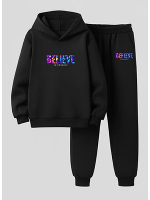 Lorvex Unısex Çocuk Kapüşonlu Sweatshirt-Eşofman Takım Belıeve In Baskılı 3 Iplik Şardonlu