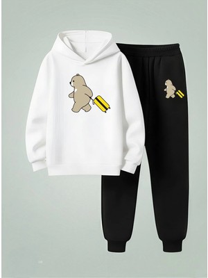 Lorvex Çocuk Kapüşonlu Takım Bavullu Ayı Baskılı 3 Iplik Şardonlu Sweatshirt-Eşofman Takım