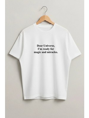 Lorvex Sevgili Evren Yazı Baskılı Oversize Beyaz Pamuklu Kadın Tshirt-Tişört