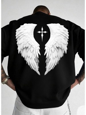 Lorvex Sweatshirt Oversize Unısex Siyah Bisiklet Yaka Angel Wıng Baskılı