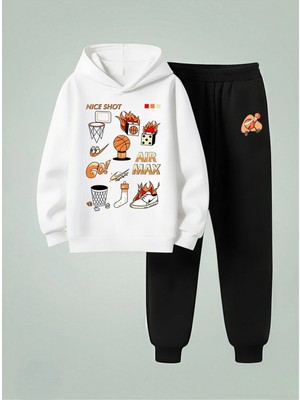 Lorvex Çocuk Kapüşonlu Takım Basket Emoji Baskılı 3 Iplik Şardonlu Sweatshirt-Eşofman Takım