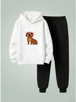 Lorvex Kapüşonlu Çocuk Sweatshirt-Eşofman Takım Gözlüklü Sevimli Köpek Baskılı