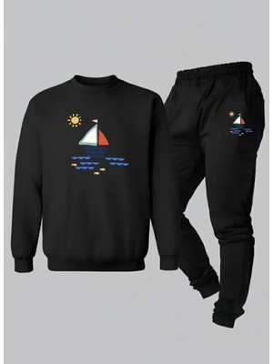 Lorvex Bisiklet Yaka Çocuk Takım (Sweatshirt-Eşofman) Tatlı Gemi Baskılı 3 Iplik Şardonlu