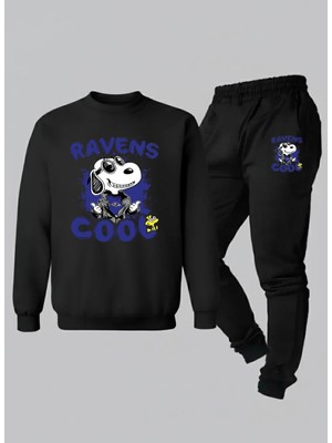 Lorvex Unısex Sweatshirt-Eşofman Çocuk Takım Bisiklet Yaka Ravens Baskılı 3 Iplik Şardonlu