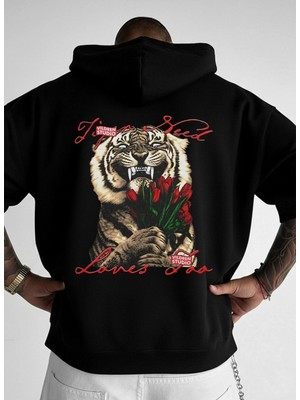Lorvex %100 Pamuklu Oversize Sweatshirt Kapüşonlu Gül Getiren Kaplan Baskılı