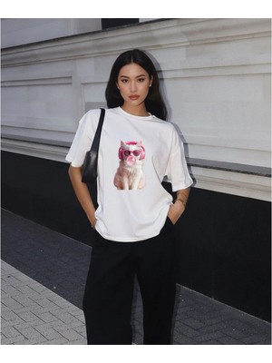 Lorvex Pembe Aksesuarlı Kedi Baskılı Oversize Unisex Pamuklu Tshirt-Tişört