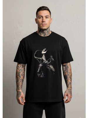 Lorvex At ve Kovboy Ön Baskılı Oversize Unisex Pamuklu Tshirt-Tişört