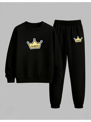 Lorvex Kız Çocuk Sweatshirt-Eşofman Takım Bisiklet Yaka Queen Baskılı 3 Iplik Şardonlu