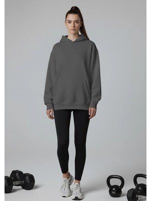 Lorvex Kadın Siyah Yüksek Bel Toparlayıcı Parlak Tayt-Oversize Sweatshirt Takım