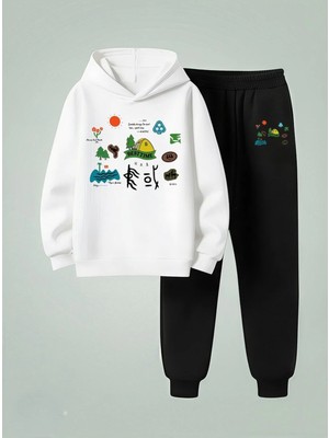 Lorvex Sweatshirt-Eşofman Takım Çocuk Kapüşonlu Best Tıme Kamp Baskılı 3 Iplik Şardonlu