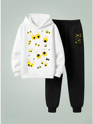 Lorvex Çocuk Takım Sweatshirt-Eşofman (Kapüşonlu) Sarı Gözler Baskılı 3 Iplik Şardonlu