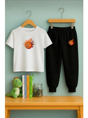 Lorvex Ateşli Basket Topu Baskılı Eşofman & Tişört Kombin Çocuk | %100 Pamuk Set | Rahat Kalıp Fancy Trend