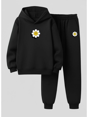 Lorvex Alt-Üst Takım (Sweatshirt-Eşofman) Kız Çocuk Gülen Papatya Baskılı 3 Iplik Şardonlu
