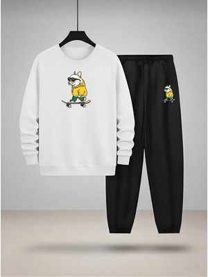 Lorvex Sweatshirt Çocuk Takım Bisiklet Yaka Eşofman Takım Kayan Köpek Baskılı 3 Iplik Şardonlu