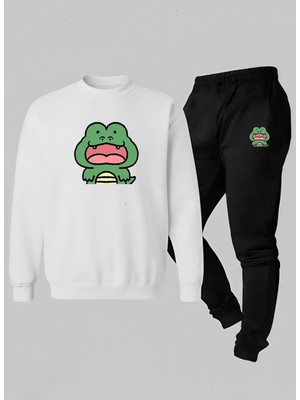 Lorvex Çocuk Sweatshirt-Eşofman Takım Bisiklet Yaka Gülen Timsah Baskılı 3 Iplik Şardonlu