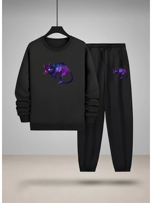 Lorvex Sweatshirt-Eşofman Takım Unısex Çocuk Bisiklet Yaka Mor Kedi Baskılı 3 Iplik Şardonlu