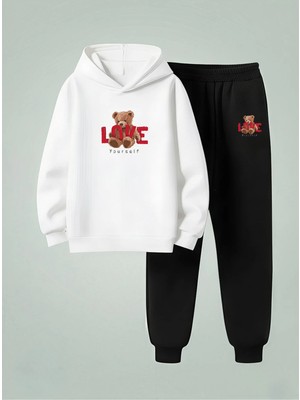 Lorvex Unısex Sweatshirt-Eşofman Takım Çocuk Kapüşonlu Takım Love Yourself Baskılı 3 Iplik Şardonlu