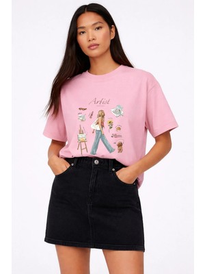 Lorvex Artist Baskılı Oversize Pamuklu Kadın Tshirt-Tişört