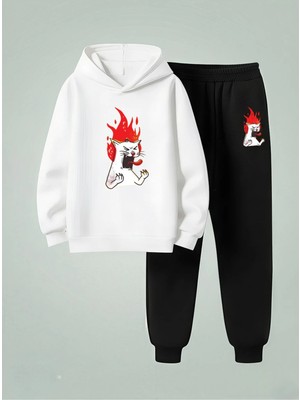 Lorvex Unısex Çocuk Sweatshirt-Eşofman Takım (Kapüşonlu) Sinirli Kedi Baskılı 3 Iplik Şardonlu