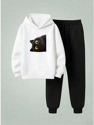 Lorvex Unısex Sweatshirt-Eşofman Takım Çocuk (Kapüşonlu) Dark Cat Baskılı 3 Iplik Şardonlu