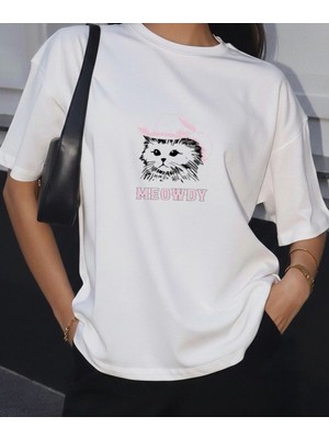 Lorvex Meowdy Sevimli Şapkalı Kedi Baskılı Kadın Oversize Pamuklu Tshirt-Tişört
