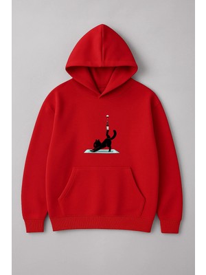 Lorvex Oversize Estetik Yoga Kedi Baskı Unisex Kapüşonlu Sweatshirt