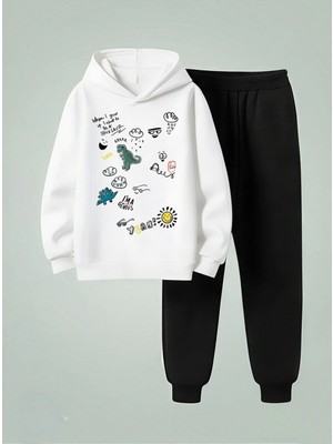 Lorvex Çocuk Kapüşonlu Takım Karikatür Baskılı 3 Iplik Şardonlu Sweatshirt-Eşofman Takım