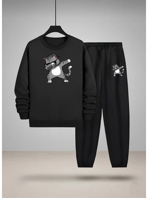 Lorvex Baskılı Eşofman Takım Çocuk Sweatshirt Bisiklet Yaka Havalı Kedi Baskılı 3 Iplik Şardonlu